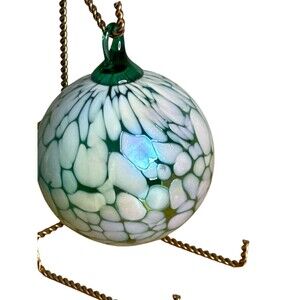 Glass Eye Studio Green White Feather Hand Blown Art Glass Ornament 3" Iridescent